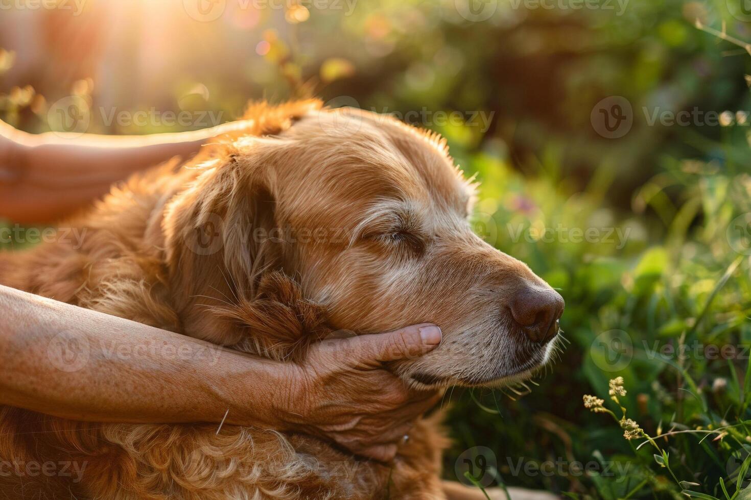 anziano cane essere delicatamente accarezzato nel un' soleggiato giardino, amato e amato su internazionale cane giorno foto