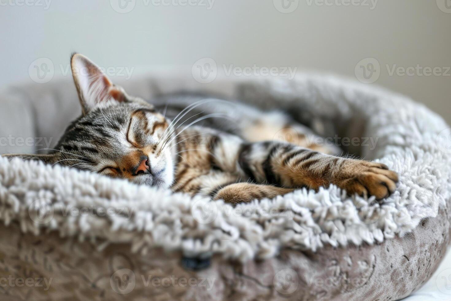 soffice gatto addormentato arricciato su nel un' accogliente letto, tranquillo, calmo e soddisfare su internazionale gatto giorno foto