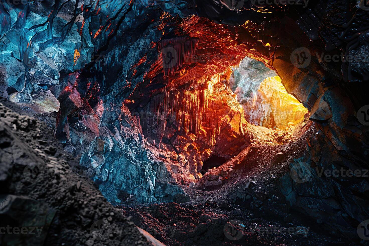 eruzione vulcano con a cascata caldo lava circondato di spessore bianca Fumo foto