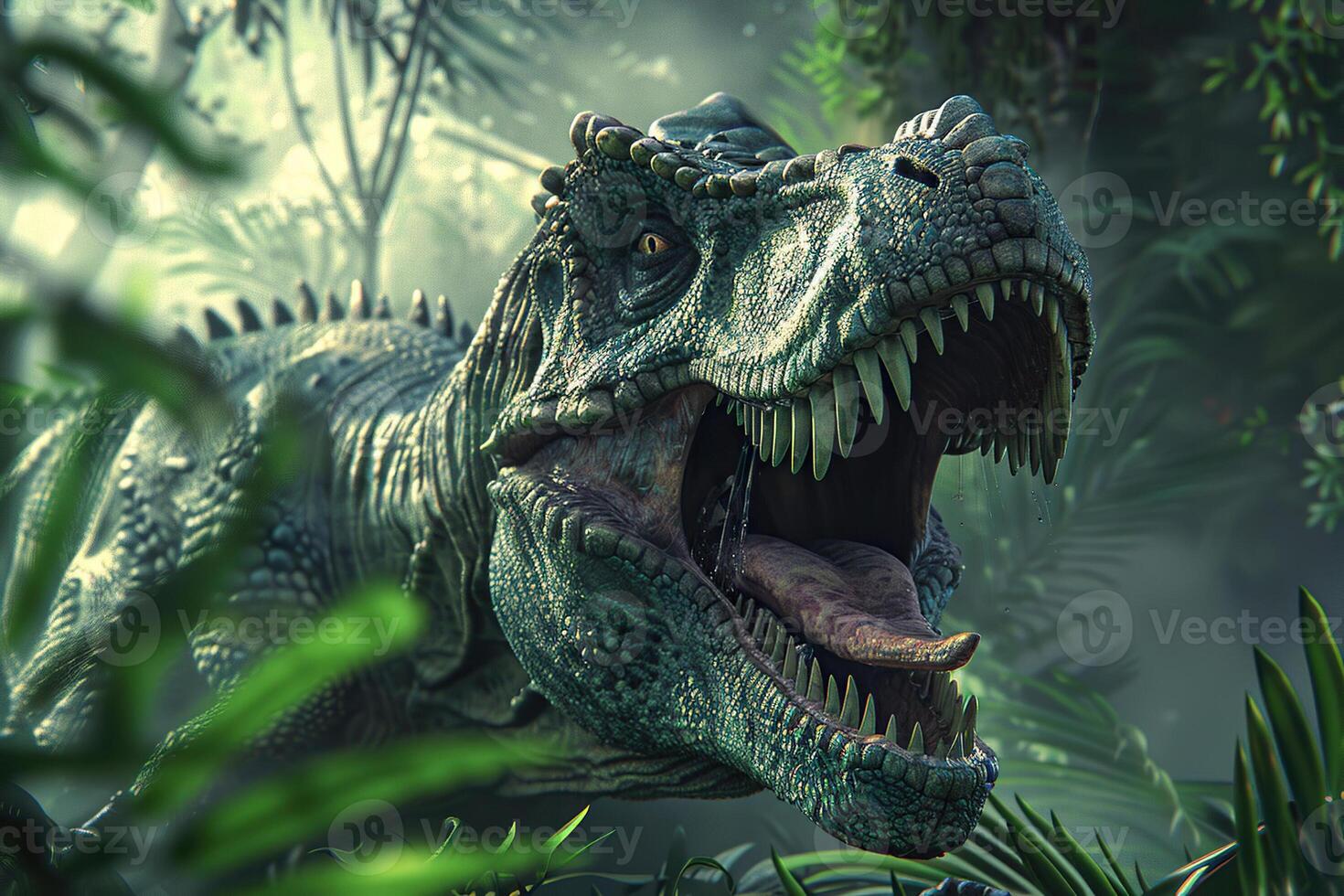 grande pauroso Affamato dinosauro con genere occhi e acuto denti distruttivo parco foto