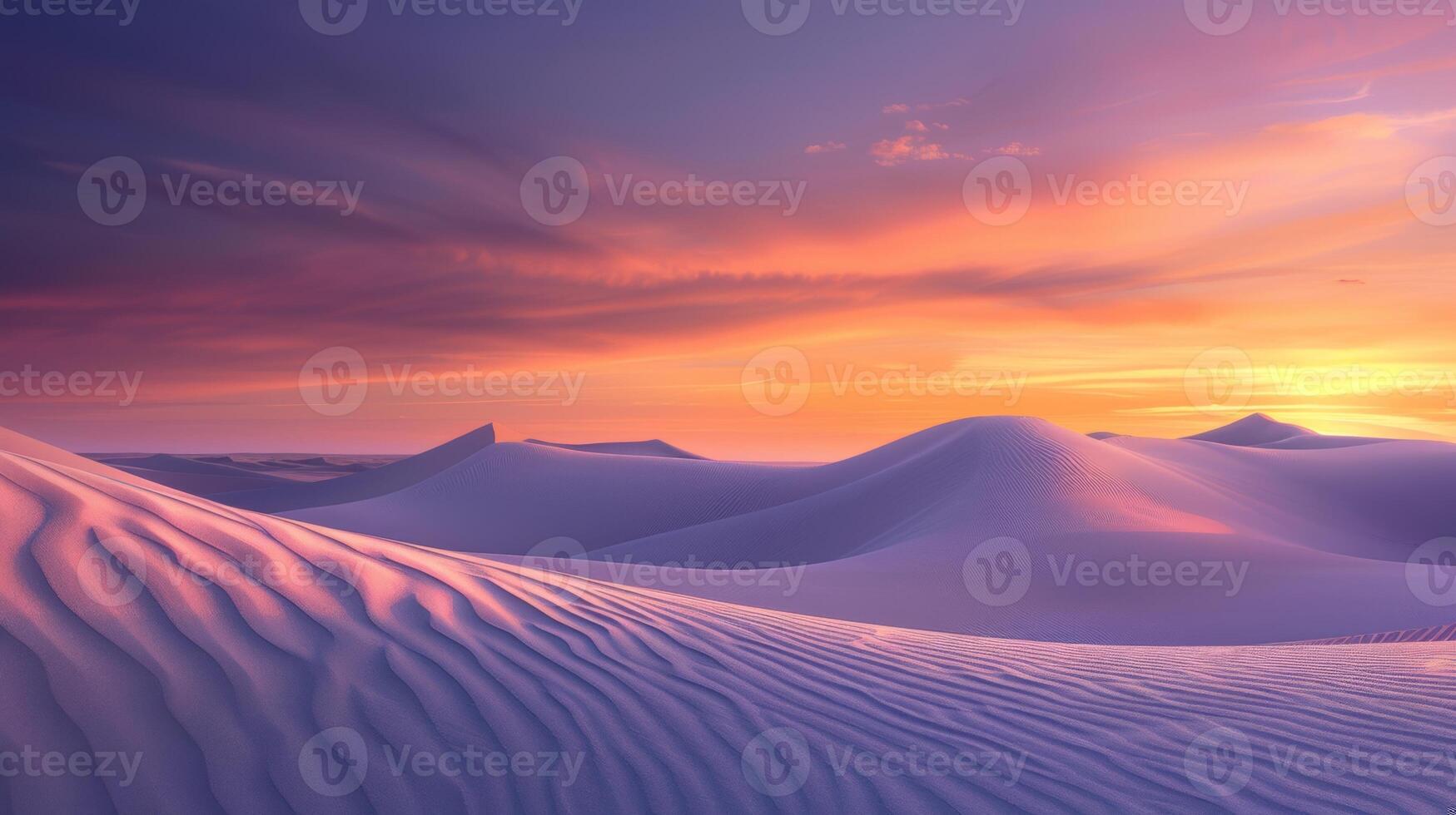 Alba vernici insolito frattale modelli su ondulato deserto sabbia dune con un' vivace arancia e viola pendenza cielo come fondale foto