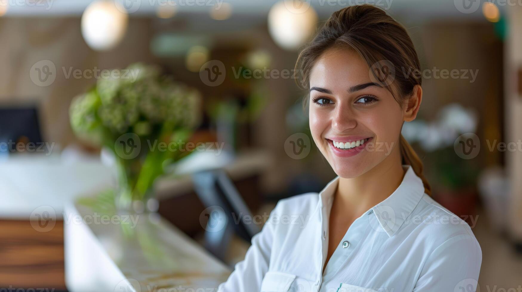 amichevole caucasico addetto alla reception sorridente nel un' bene illuminato Hotel atrio, che rappresentano cliente servizio eccellenza e ospitalità industria professioni foto