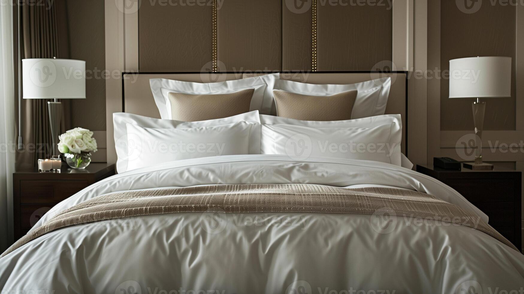 elegante moderno Camera da letto interno con felpa biancheria da letto, progettista lampade, e neutro toni, veicolare lusso e comfort, ideale per casa arredamento e ospitalità design foto