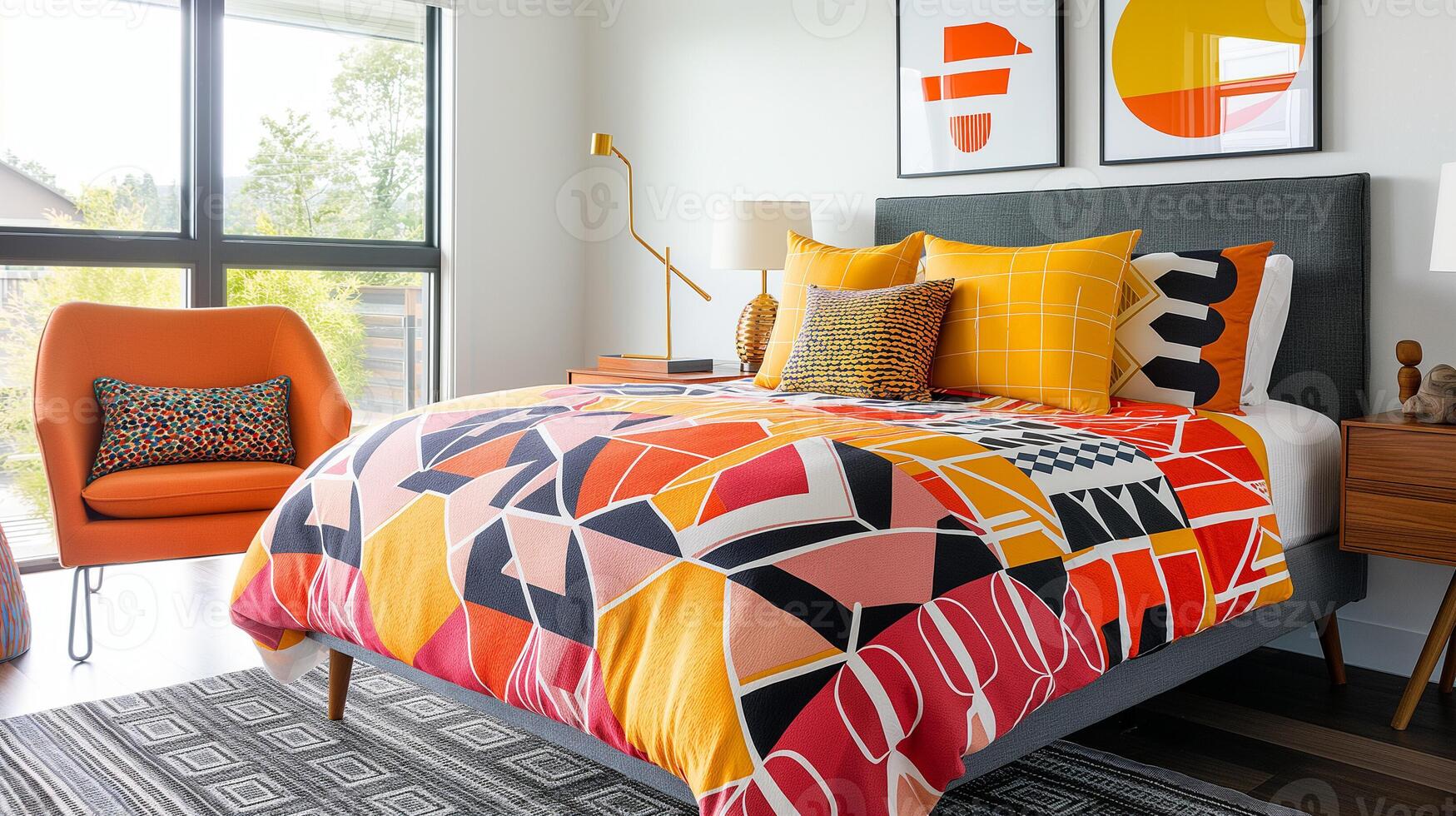 luminosa moderno Camera da letto interno con colorato geometrico biancheria da letto, arancia poltrona, e contemporaneo arte, incarnando di moda casa arredamento e primavera ricaricare concetti foto