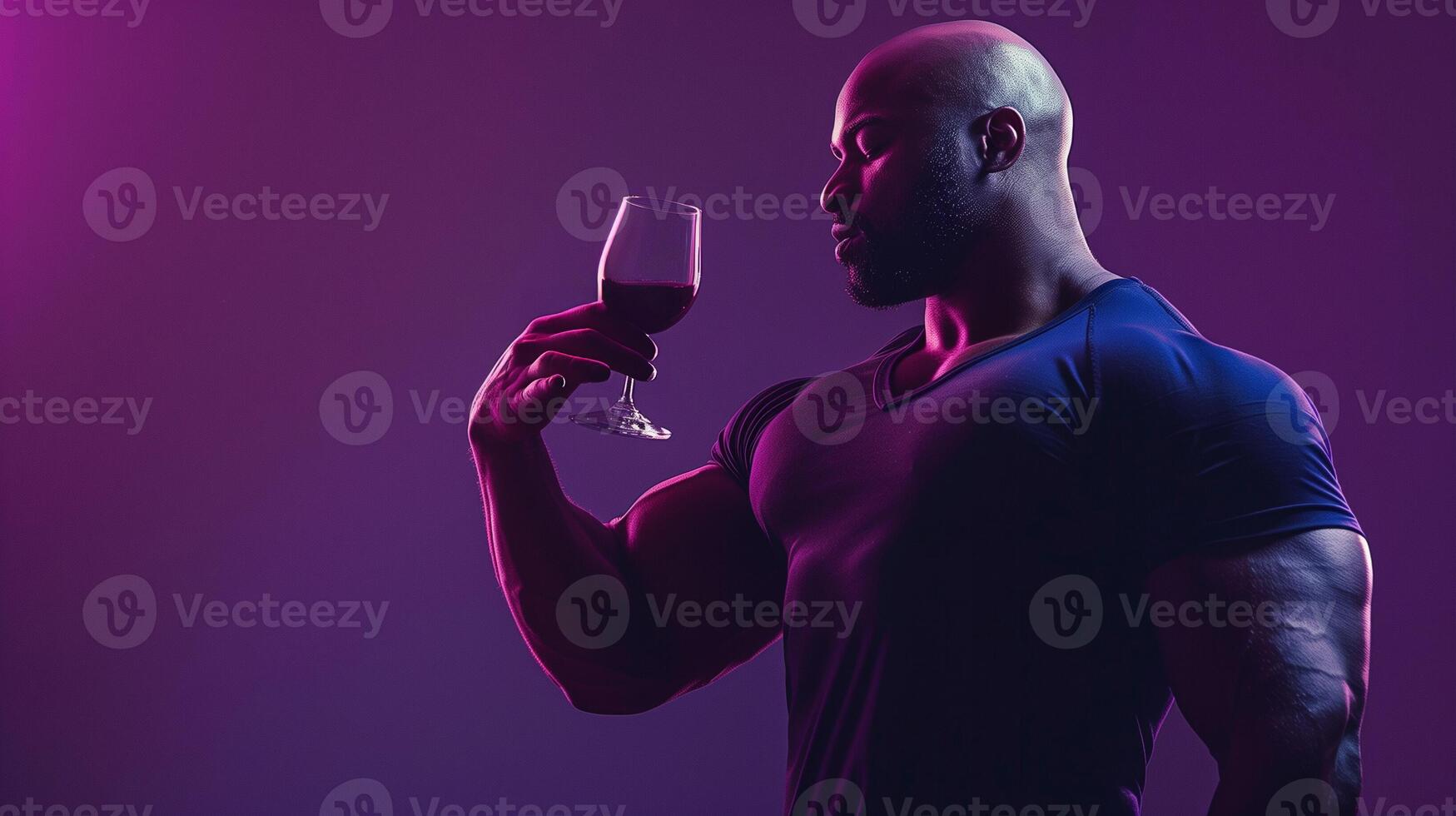 staglia muscolare africano americano uomo assaporando un' bicchiere di rosso vino contro un' vivace viola sfondo, simboleggiante celebrazione e lusso stile di vita foto