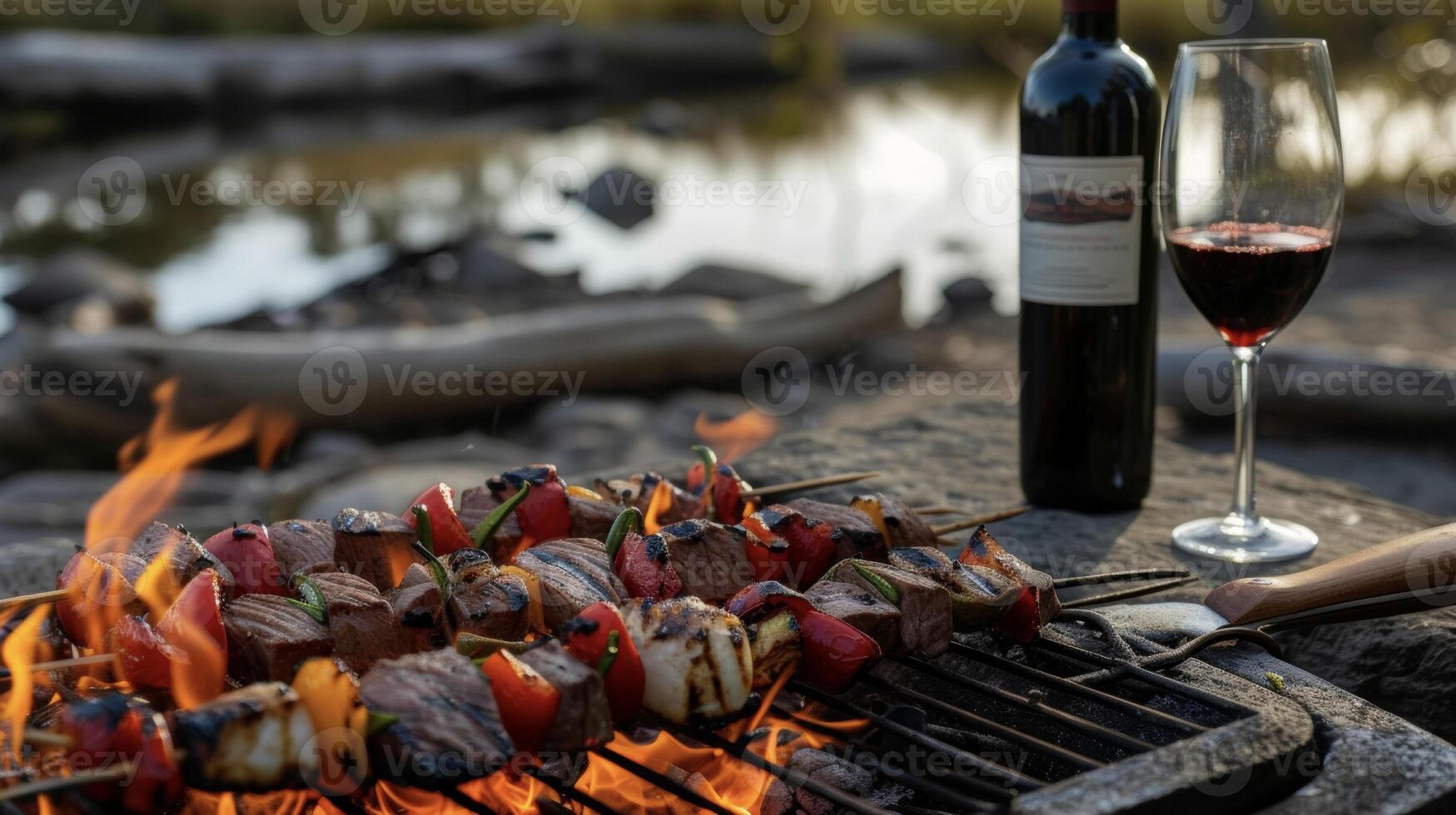 nel il cuore di il grande all'aperto un avventuroso duo azioni un' romantico pasto di arrostito verdure succulento frutti di mare spiedini e tenero carne di cervo medaglioni tutti preparato ove foto