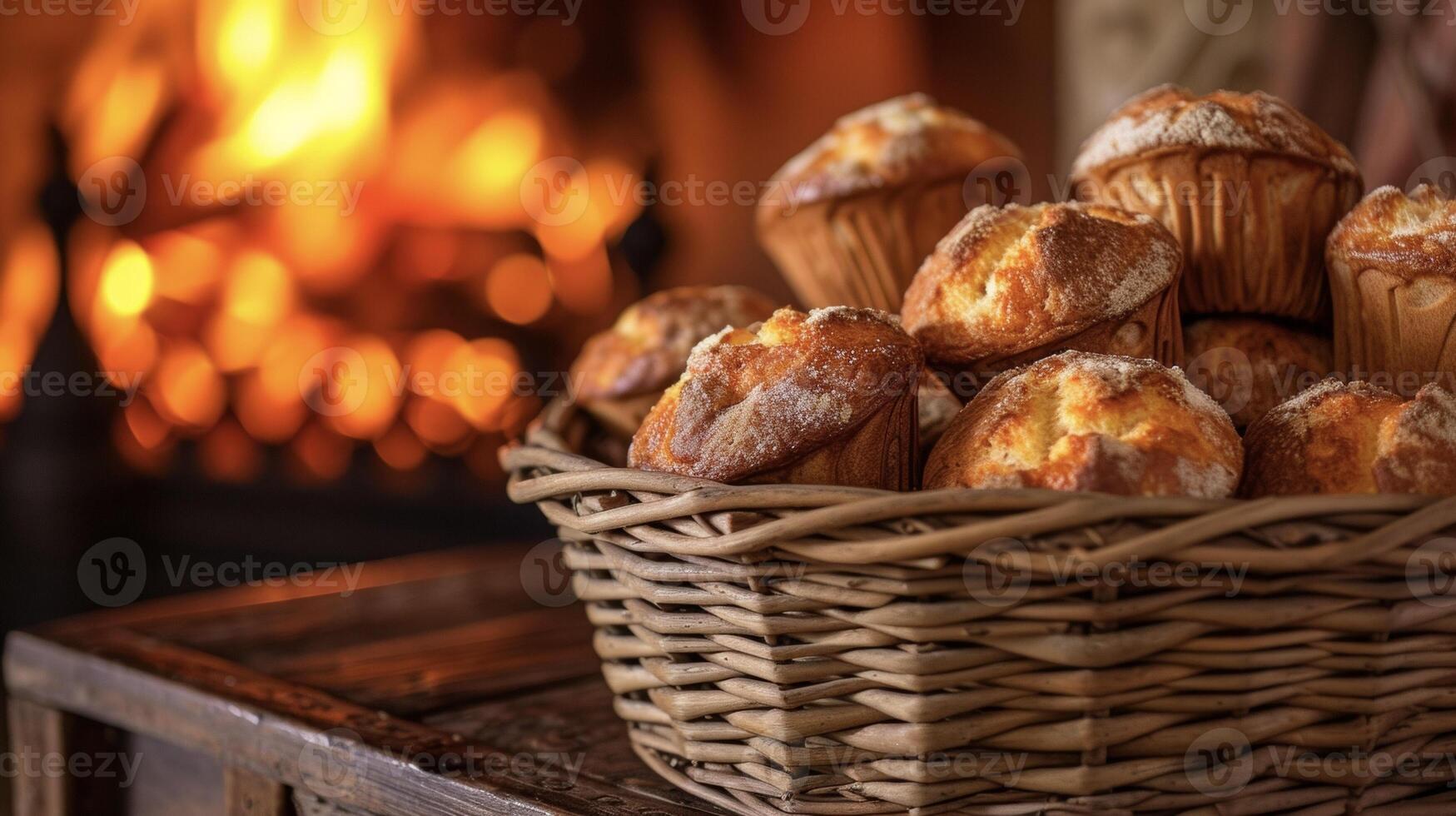 un' delizioso selezione di muffin visualizzato nel un' di vimini cestino Il prossimo per un' ruggente fuoco. il d'oro Marrone cime di il muffin siamo perfettamente tostato dando via un irresistibile foto