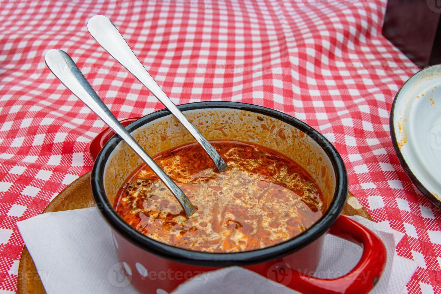 tradizionale slovacco ucraino russo cavolo la minestra con salsiccia e affumicato carne servito nel retrò rosso metallo pentola con Due cucchiai. ciotola di delizioso soljanka borsch con bianca acida crema. superiore Visualizza foto