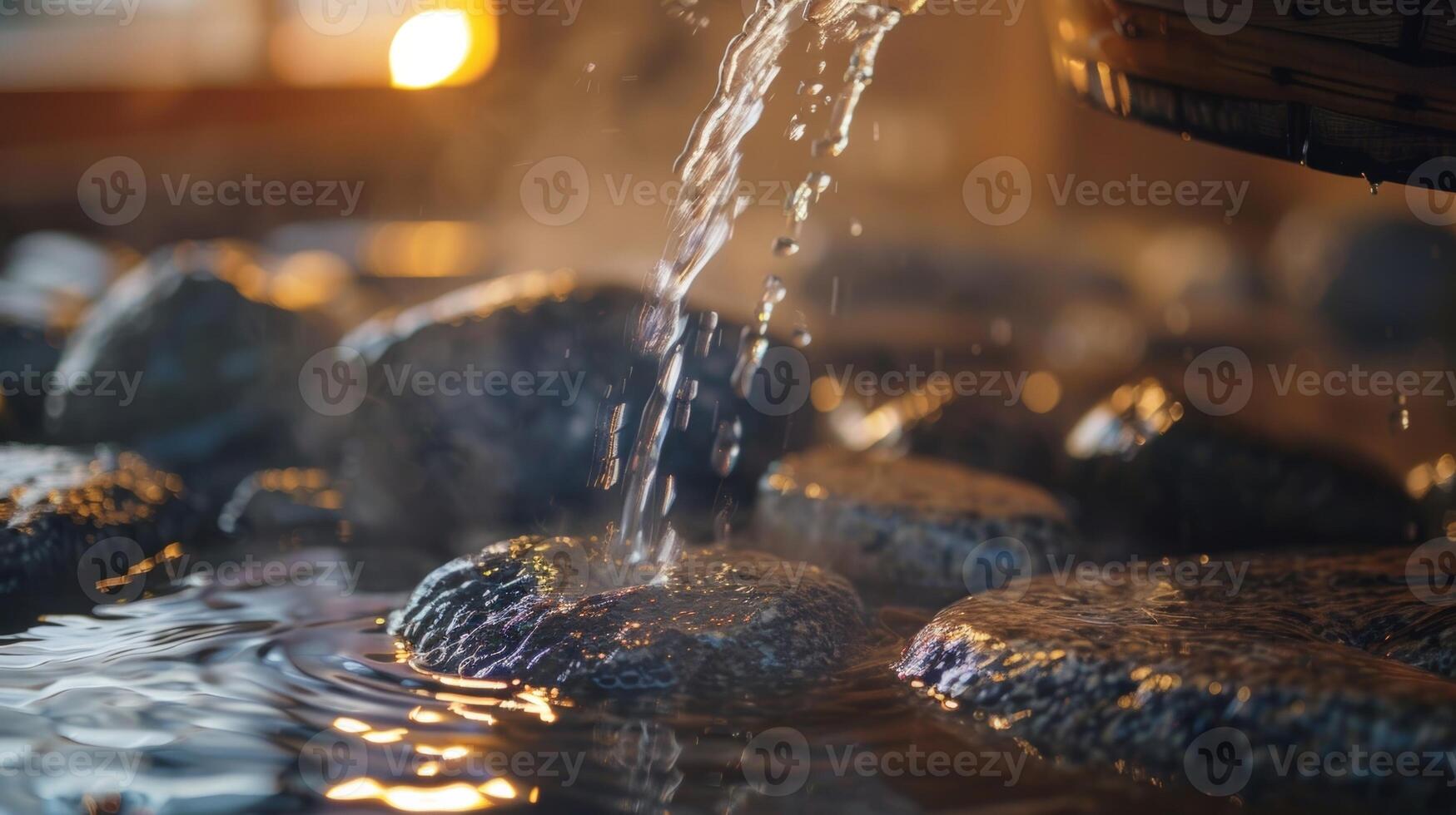 un' raffigurazione di un' persona scrosciante acqua su caldo sauna rocce con un' promemoria quello il suono e sensazione di vapore può essere calmante e calmante per il mente. foto