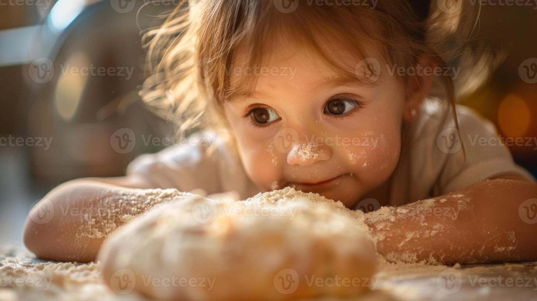 un' giovane bambino avidamente modellare loro proprio mini pagnotta di pane loro viso illuminato su con gioia e anticipazione per il fine risultato foto