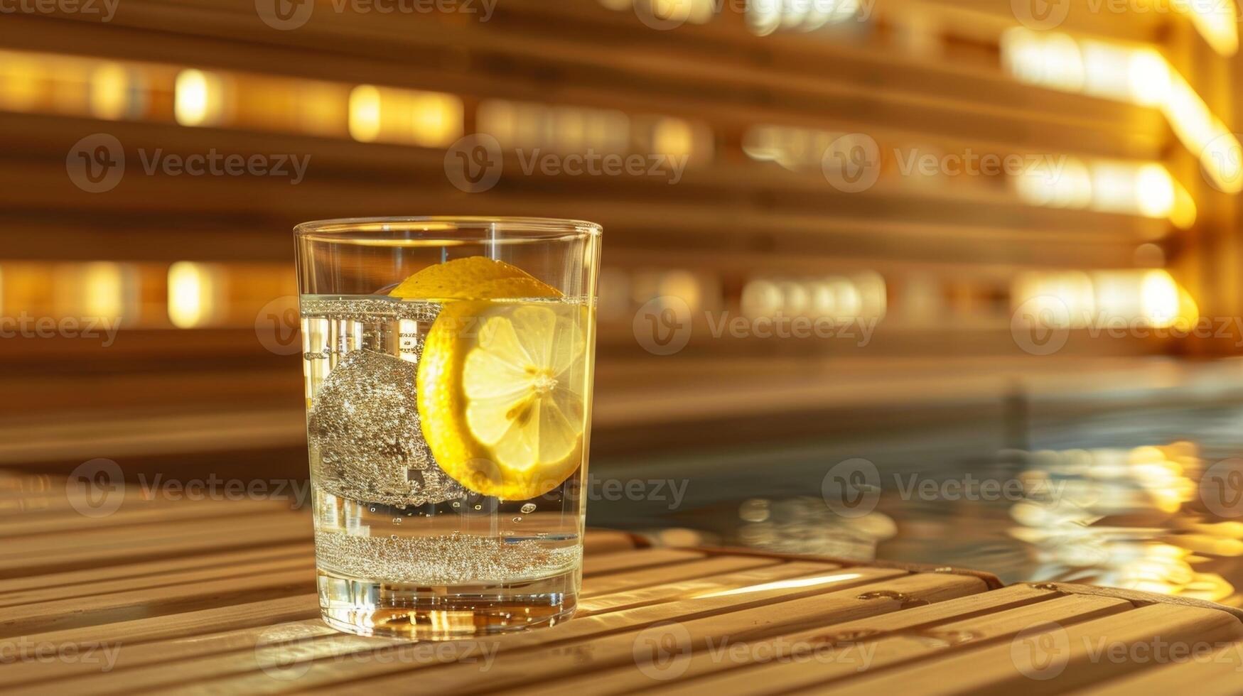 un' bicchiere di acqua con fette di Limone galleggiante dentro p accanto il sauna simboleggiante il detergente effetto di disintossicazione. foto