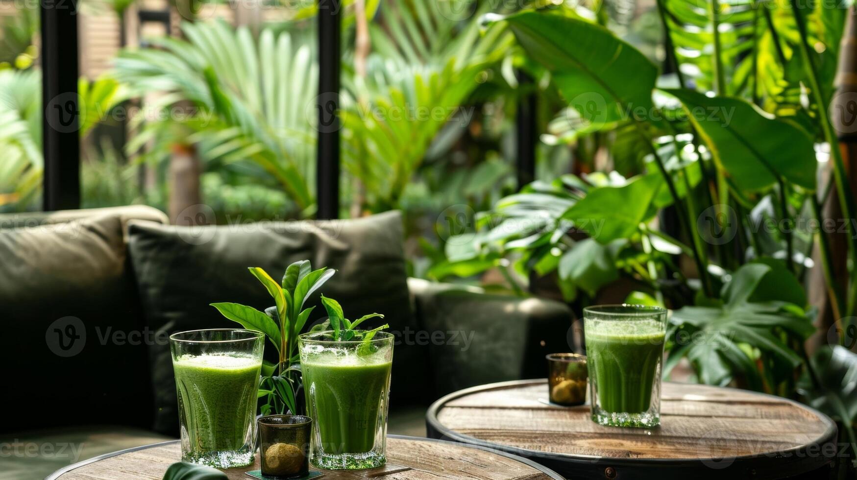 un' accogliente sala la zona ornato con lussureggiante verde impianti dove ospiti rilassare con bicchieri di appena premuto verde succo e Zenzero scatti foto