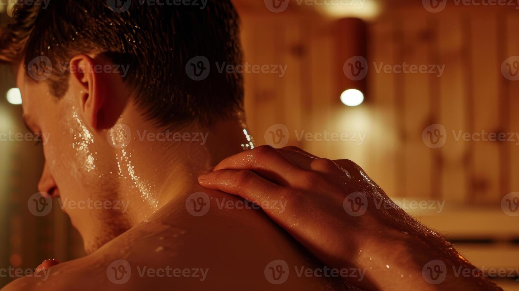 avvicinamento di un' pazienti collo e indietro muscoli essere massaggiato di un' fisico il prima entrata il sauna. foto