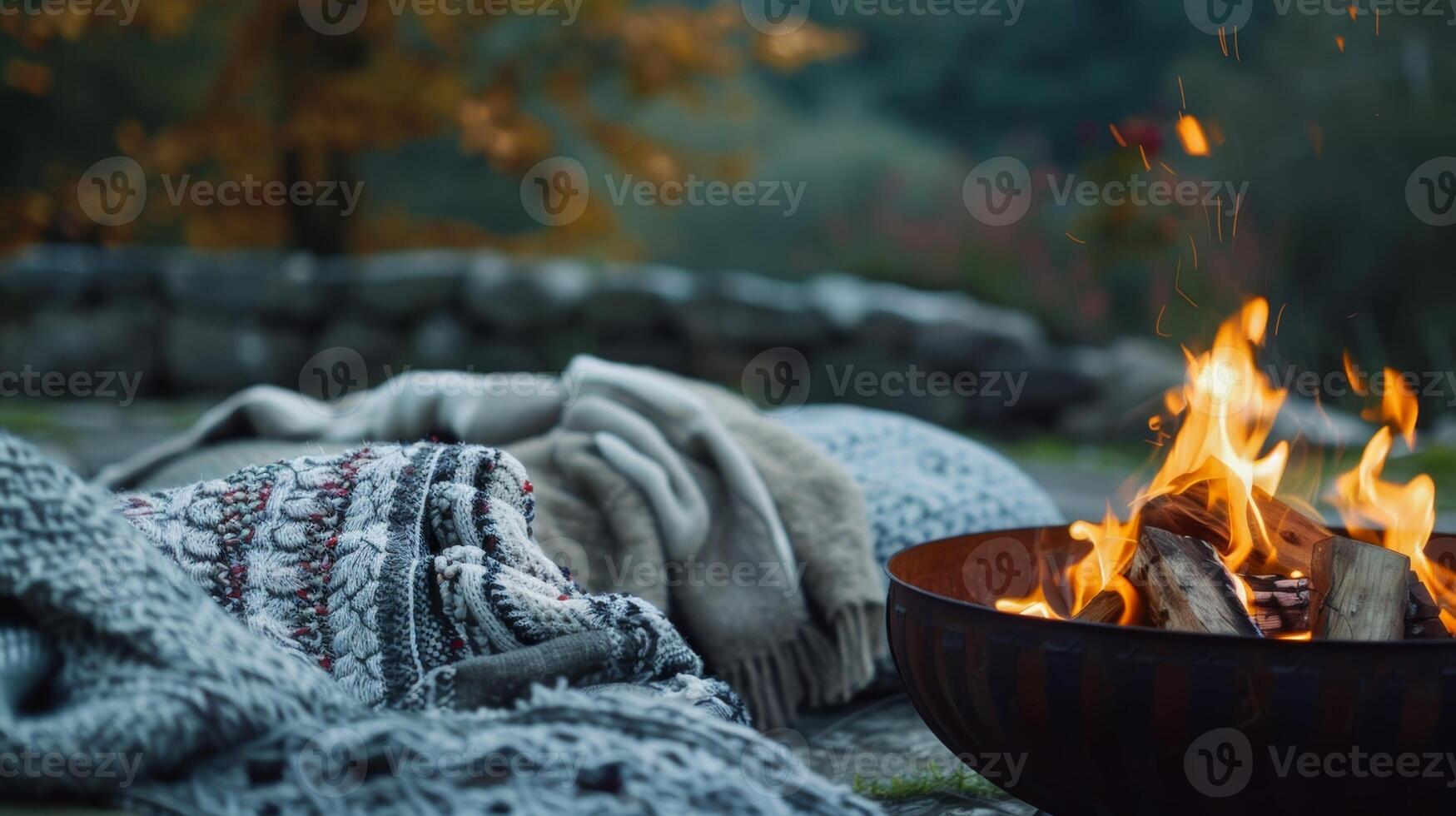 il accogliente coperte e cuscini diffusione in giro il fuoco fossa fornire comfort come il notte va Su. 2d piatto cartone animato foto