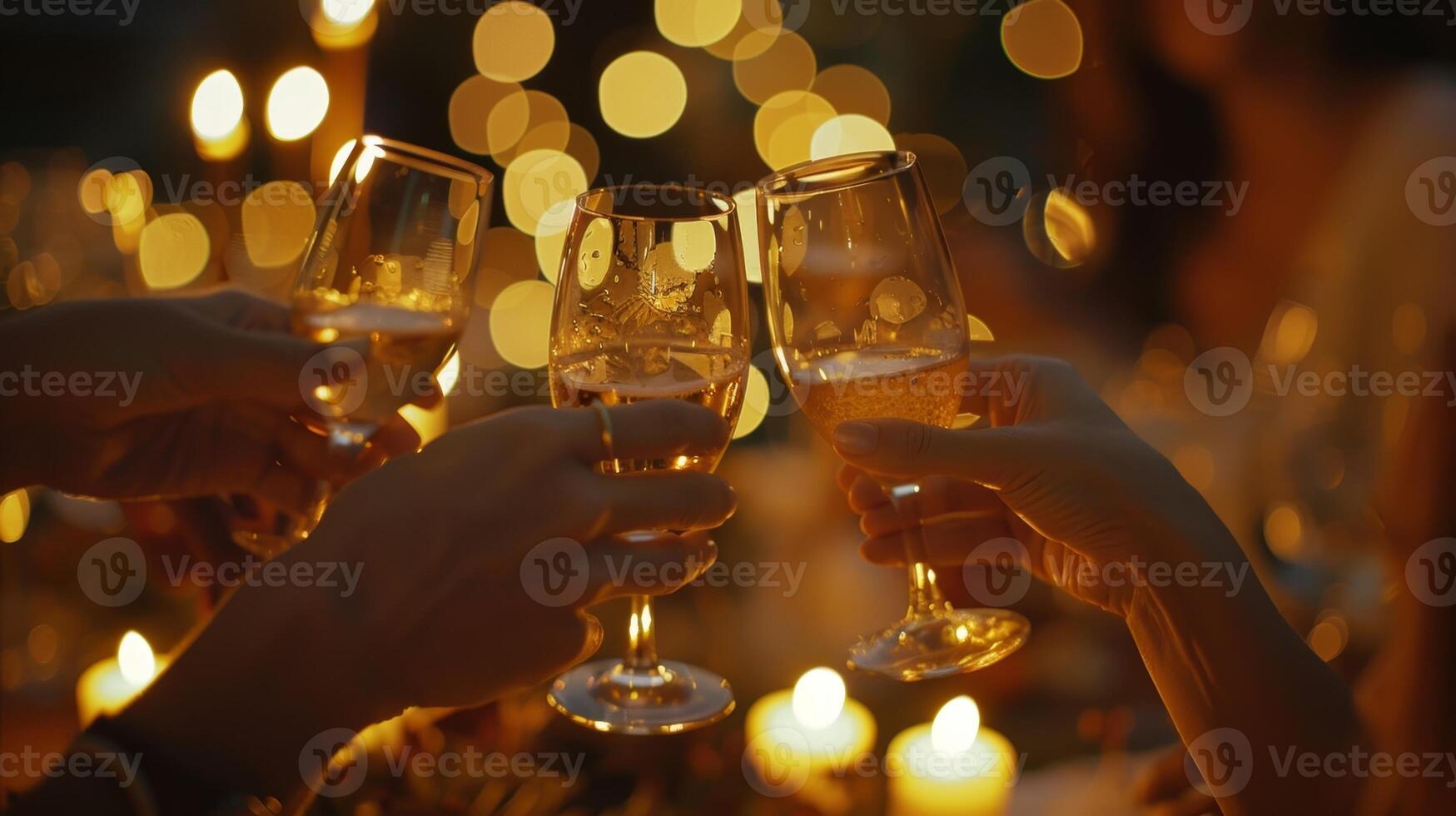 ospiti sorso su sapientemente artigianale code loro bicchieri scintillante nel il caldo lume di candela come essi tintinnio insieme nel celebrazione. 2d piatto cartone animato foto