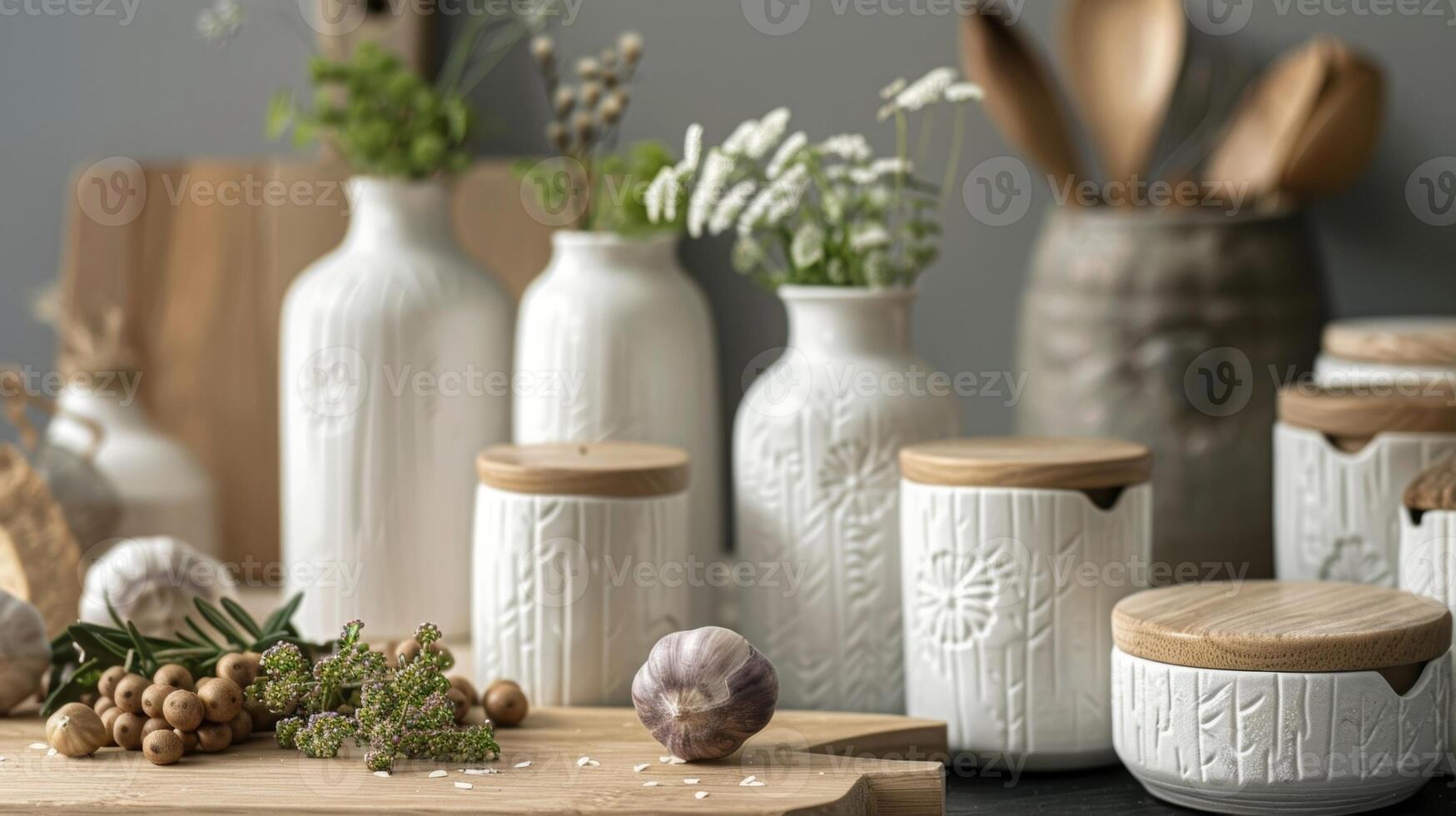 un' impostato di ceramica e barattoli con delicato intagliato a mano dettagli nel il modulo di es e erbe aromatiche. queste barattoli non solo memorizzare il tuo es meravigliosamente ma anche servire come decorativo pezzi nel il tuo cucina. foto