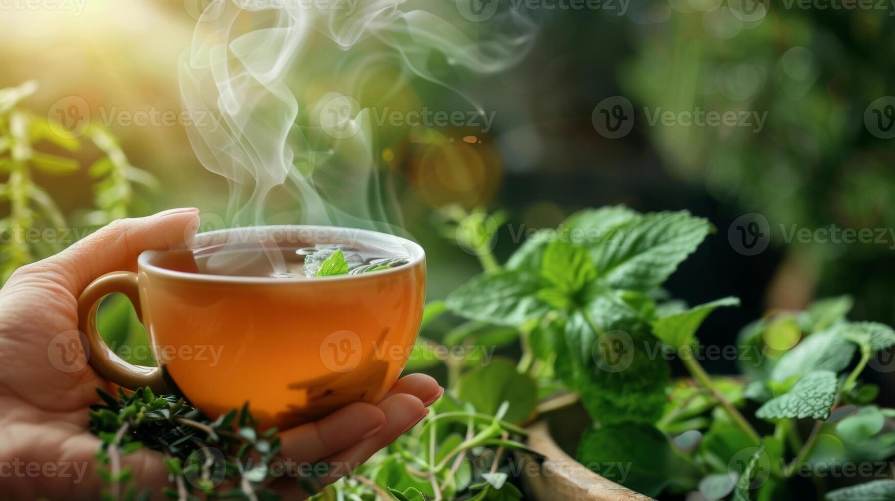 un' mano Tenere un' tazza di caldo tè vapore crescente a partire dal suo superficie circondato di tè le foglie e erbe aromatiche foto