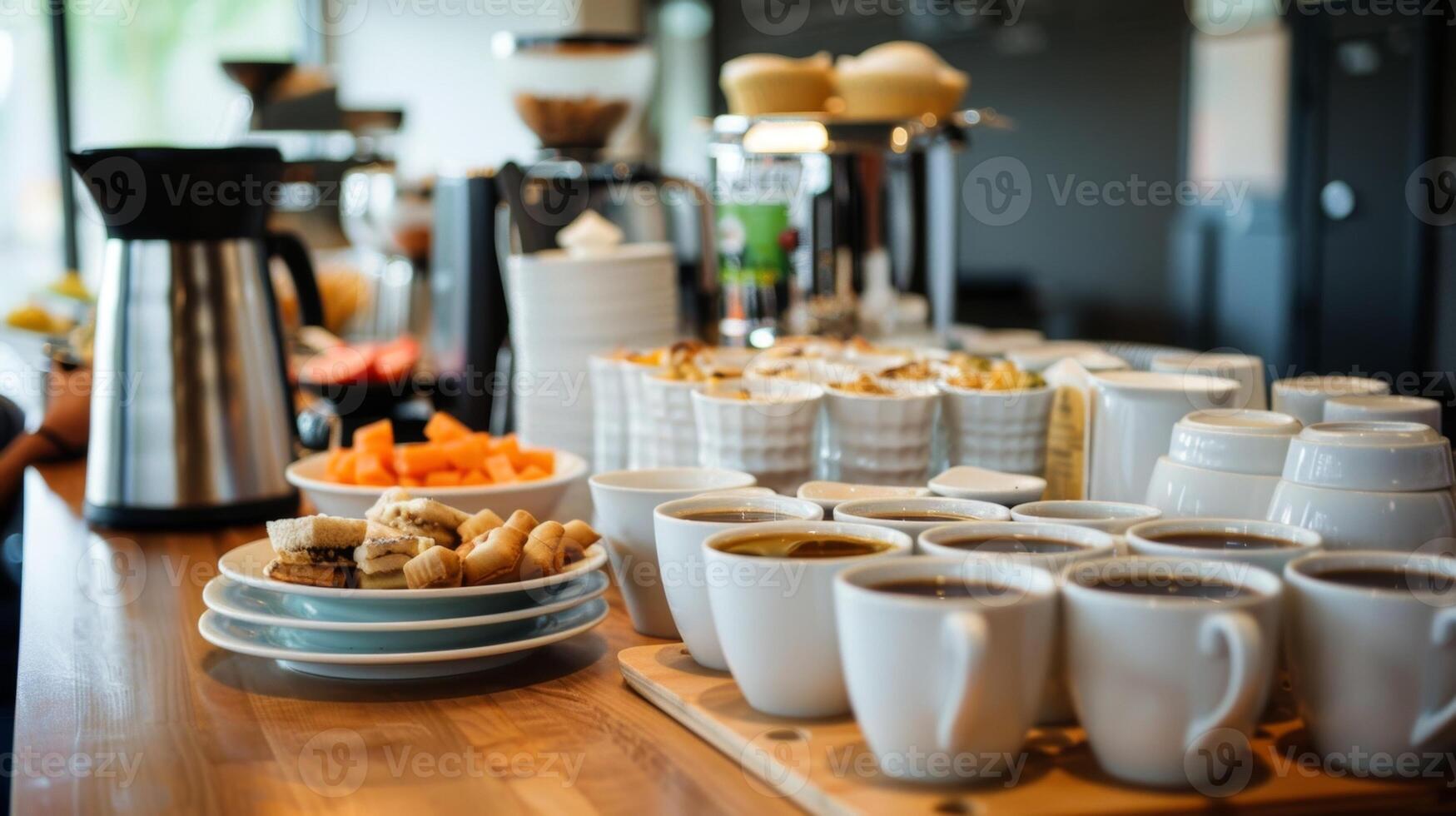 un' tavolo pieno con caffè tè e spuntini per partecipanti per godere durante il incontro foto