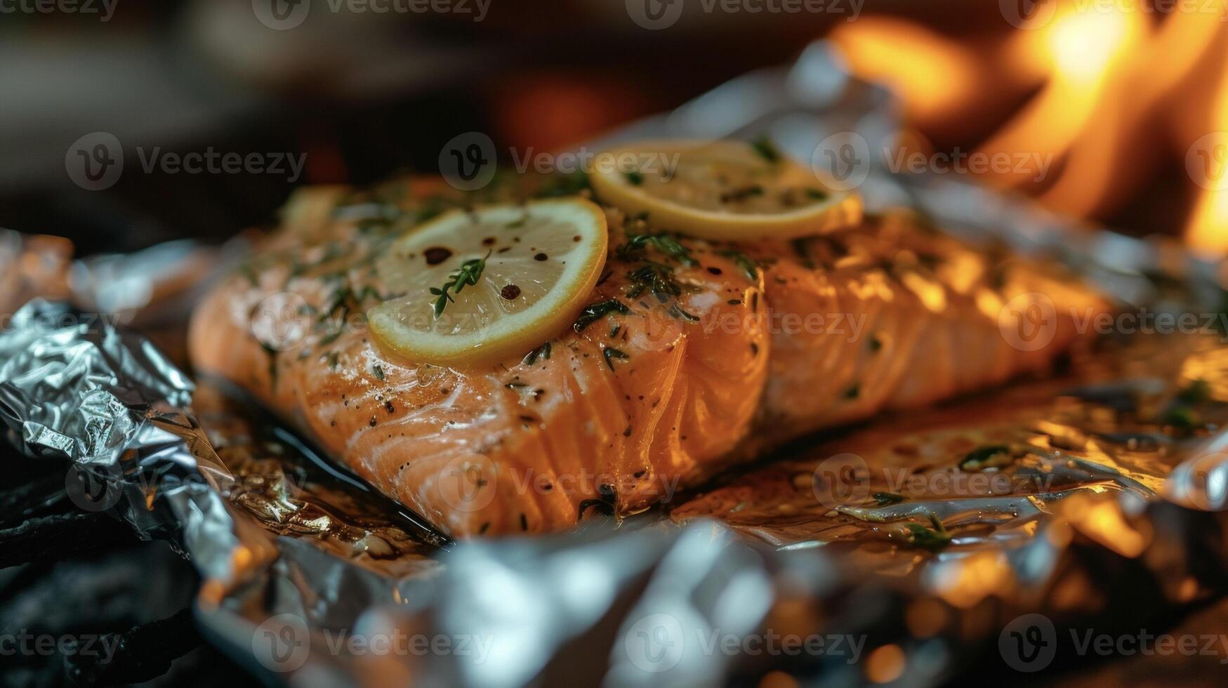 come il fiamme danza nel il sfondo assaporare il tenero e fragili catturato in modo selvaggio salmone racchiuso nel Foglio infusa con suggerimenti di agrume e aromatico erbe aromatiche foto