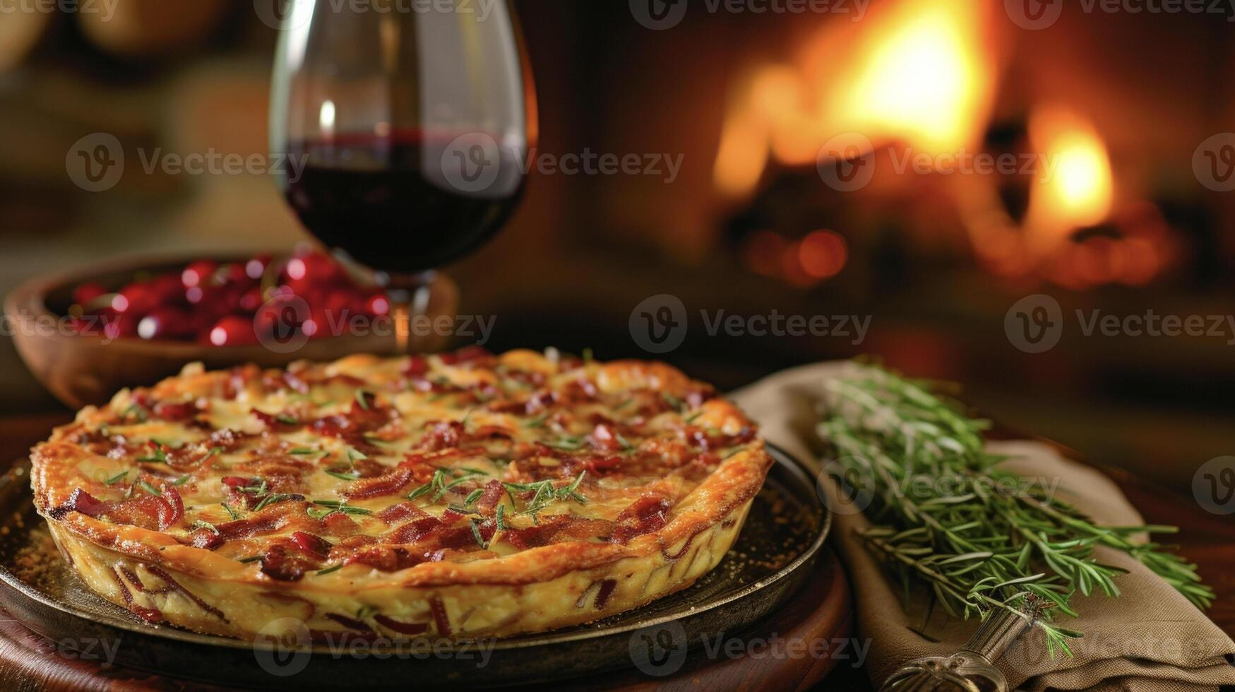 indulgere nel un' affascinante e sostanzioso quiche B con fumoso Bacon e melmoso svizzero formaggio mentre il invitante camino calchi un' caldo splendore al di sopra di il scena foto