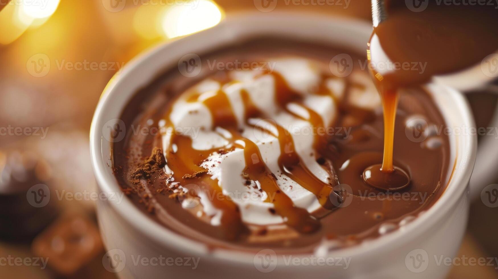 un' caramello pioggerella a cascata giù il lato di un' classico caldo cioccolato aggiungendo un' toccare di dolcezza per il ricco cacao gusto foto