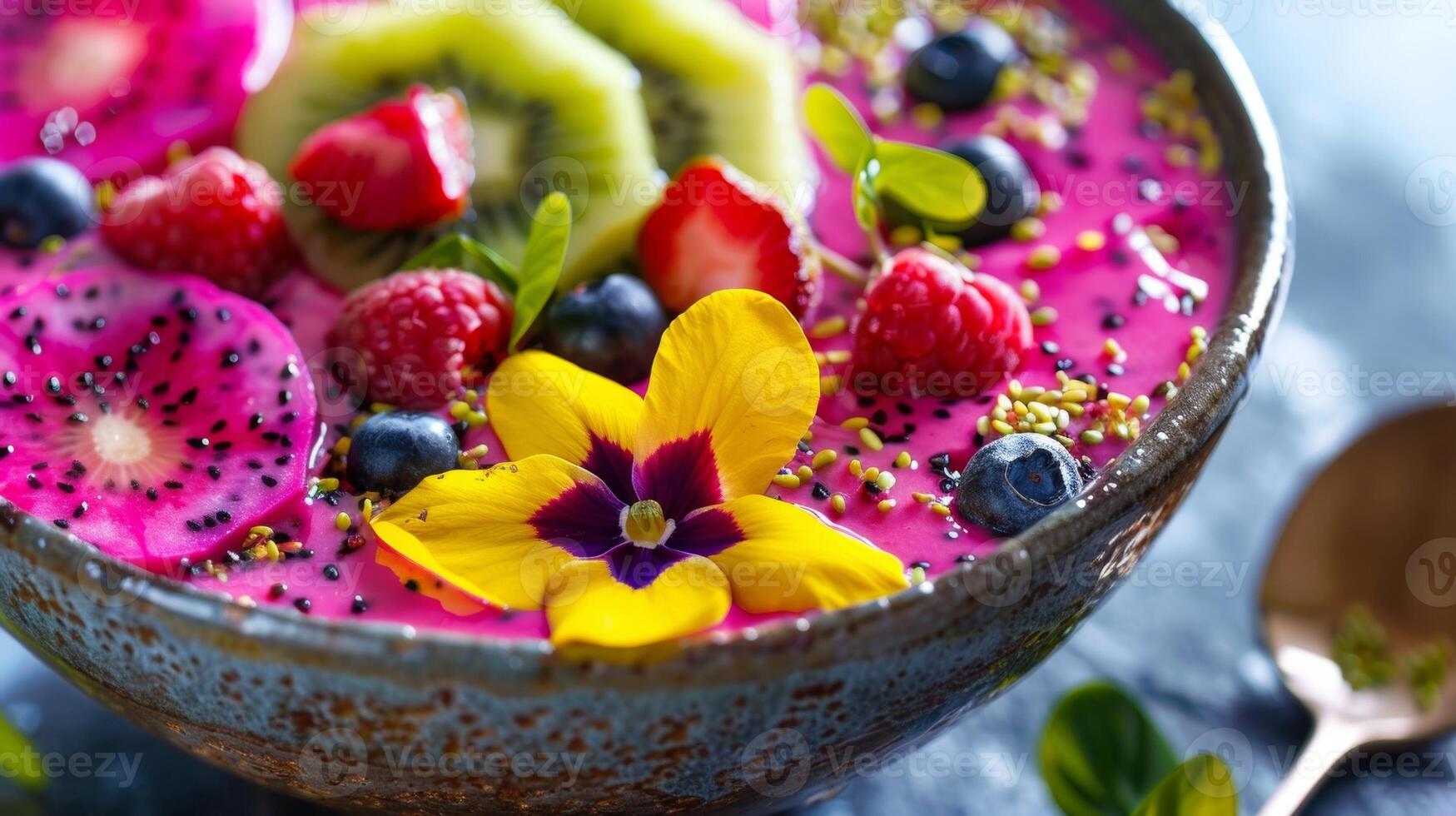 un' tropicale frutta frullato ciotola decorato con affettato Kiwi e Drago frutta nel il forma di tropicale fiori foto