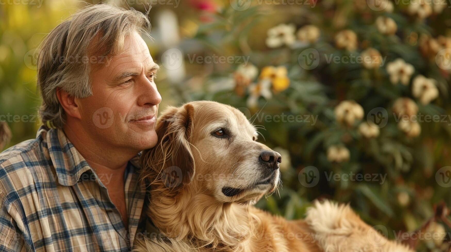 un' uomo seduta nel un' tranquillo, calmo giardino un' sereno espressione su il suo viso come il suo cane riposa il suo testa su il suo giro foto