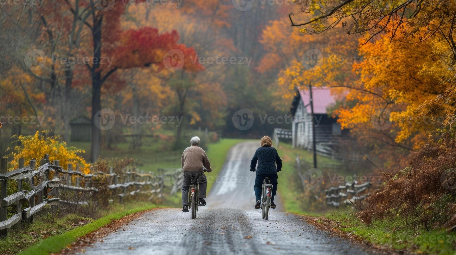 un' panoramico cavalcata attraverso la pensione come Questo coppia prende un' rompere a partire dal loro occupato vite e crociere lungo un' tranquillo, calmo nazione strada su loro biciclette foto