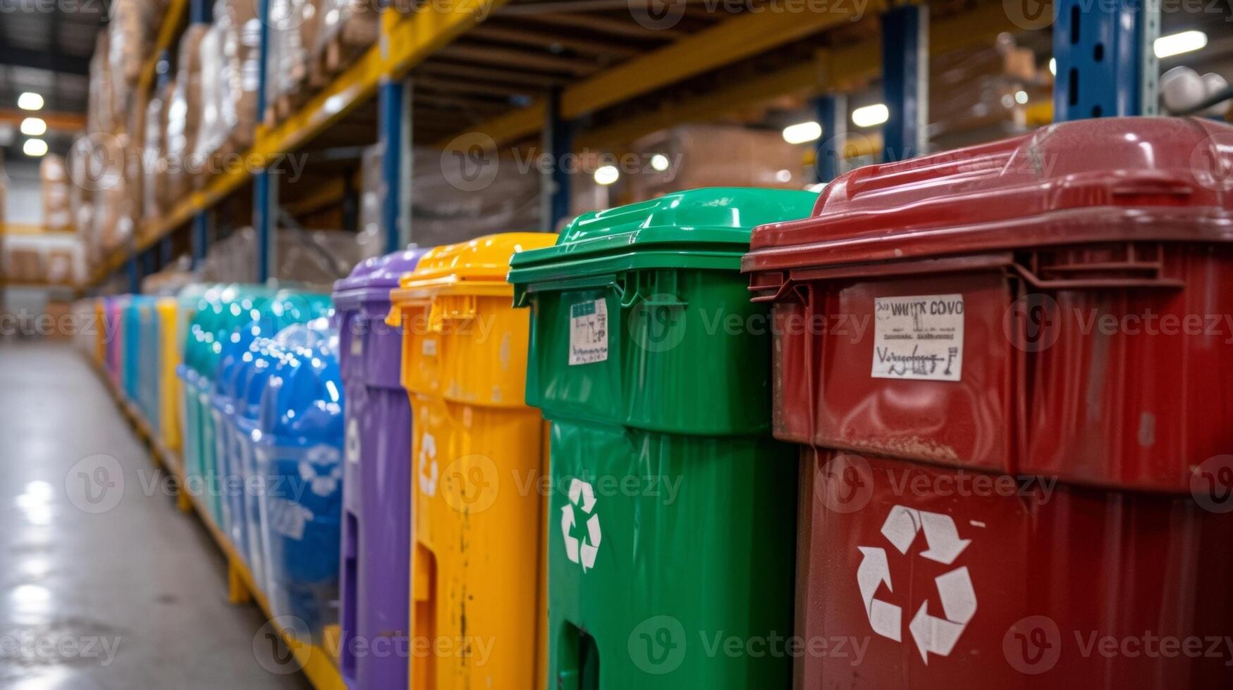 colorato bidoni etichettato per carta bicchiere e plastica In piedi pronto per raccogliere riciclabile a il occupato laboratorio per pensionati foto