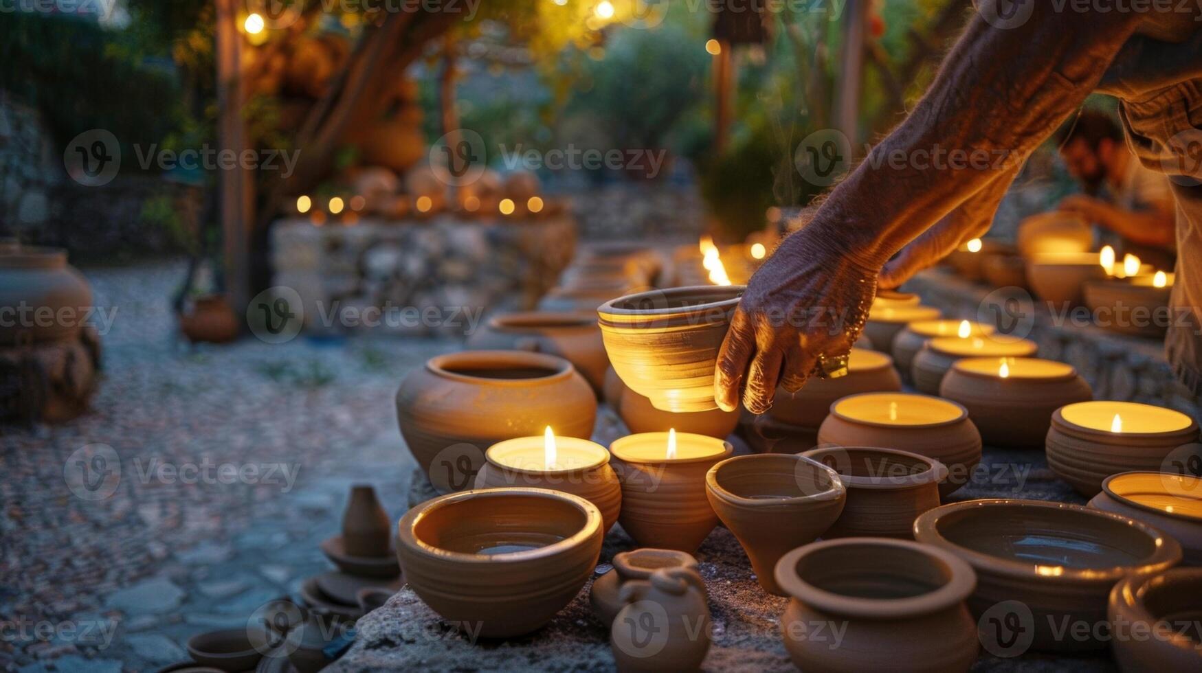 il all'aperto ceramica dimostrazione è trasformato in un' magico Esperienza Grazie per il intimo illuminazione di il candela. 2d piatto cartone animato foto