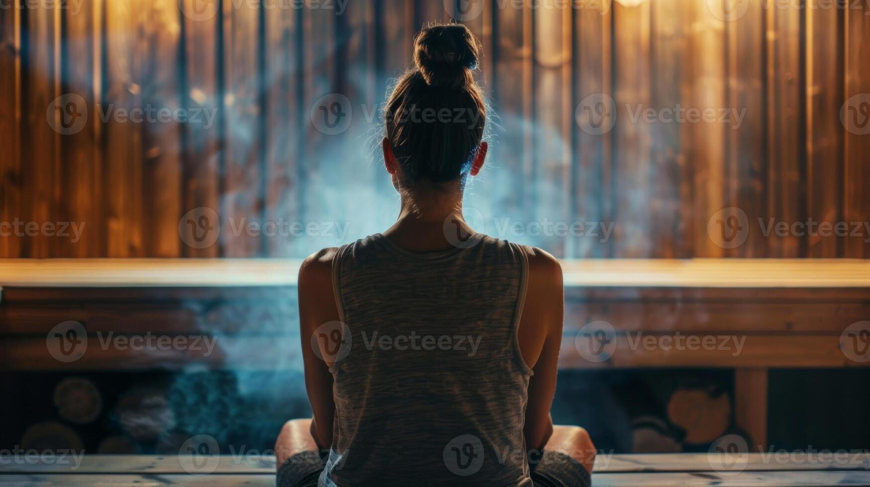 un' donna Meditare nel il sauna sua mente pieno con positivo affermazioni e visualizzazioni di sua desiderato futuro. foto