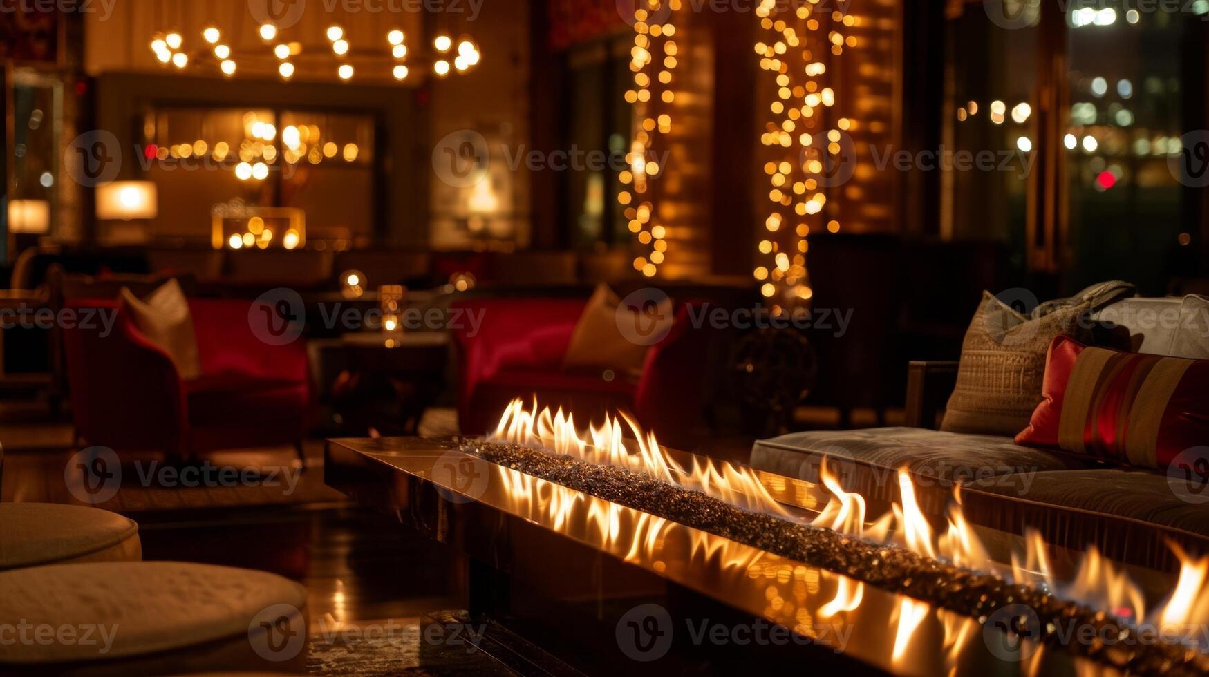 il danza fiamme di il camino fornire un' accogliente ambiance come ospiti sorso su code e godere il felpa velluto posti a sedere nel il lussuoso sala. 2d piatto cartone animato foto