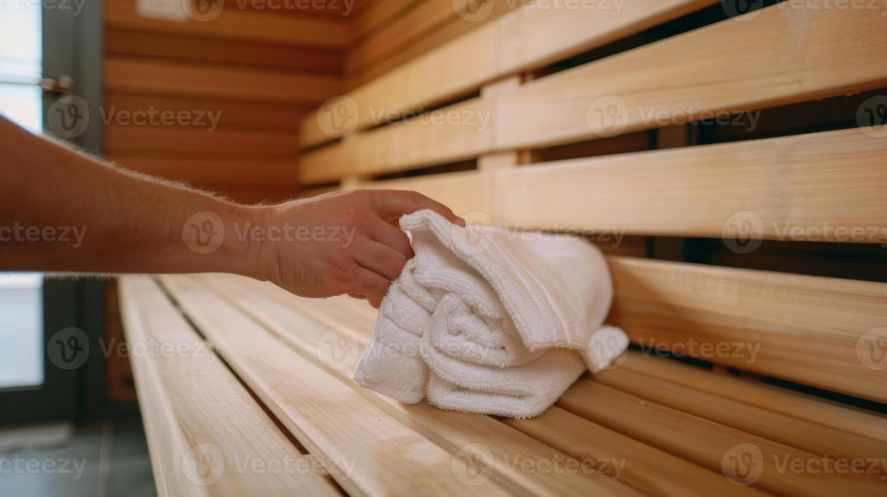 un' persona finitura loro sauna sessione e utilizzando un' fornito asciugamano per pulire giù loro posto a sedere a seguire etichetta linee guida per mantenimento pulizia per il Il prossimo utente. foto