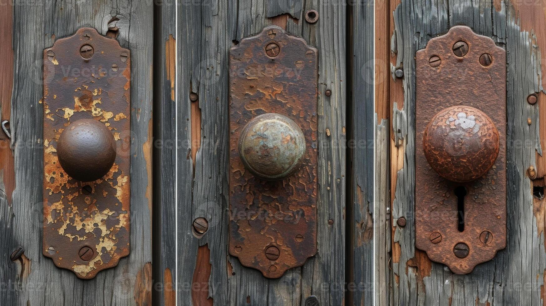 un' serie di immagini in mostra il processi di spogliarsi levigatura e rifinitura un vecchio di legno porta maniglia rivelatrice il intricato legna grano e ricco patina foto