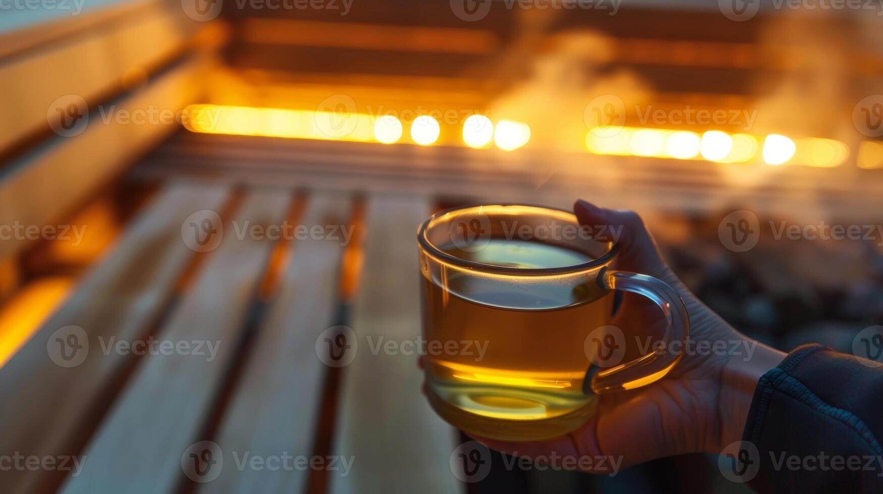 un' mano Tenere un' boccale di erbaceo tè seduta su il panchina dentro il sauna come il persona gode un' momento di rilassamento mentre il infrarosso calore lavori suo Magia. foto