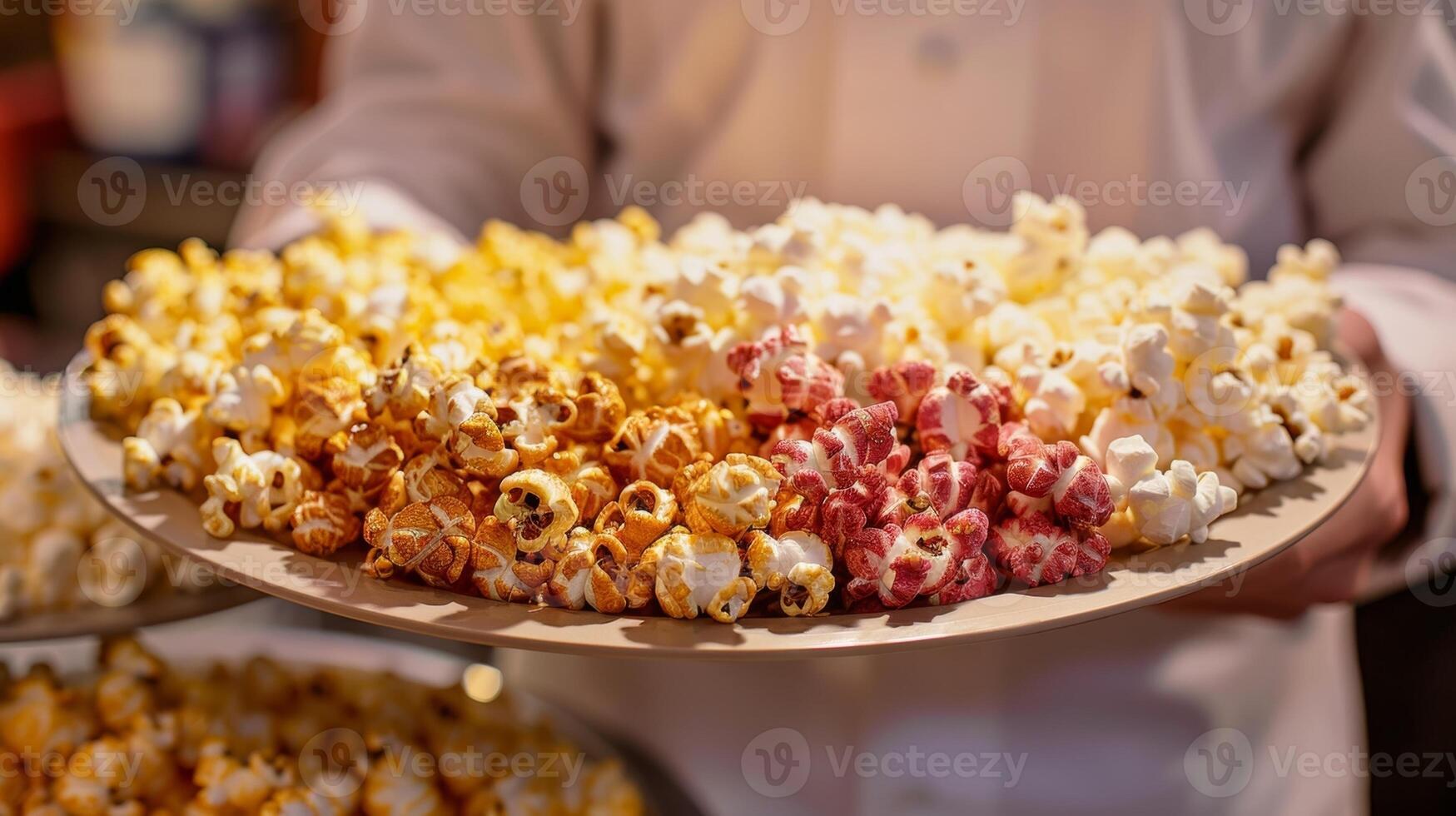 un' persona Tenere un' vassoio pieno con diverso tipi di buongustaio Popcorn campionatori pronto per essere consegnato su per ospiti a il degustazione notte foto