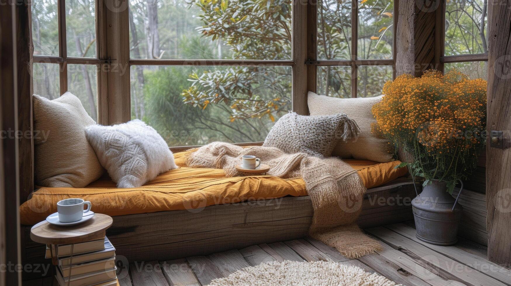 un' accogliente lettura angolo su un' balcone con un' di legno panchina con un' pila di libri un' accogliente gettare coperta e un' piccolo lato tavolo per un' tazza di tè foto