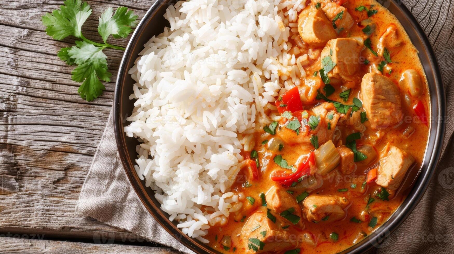 un' ciotola di aromatico Noce di cocco riso cucinato con fragrante es e servito a fianco un' saporito curry foto