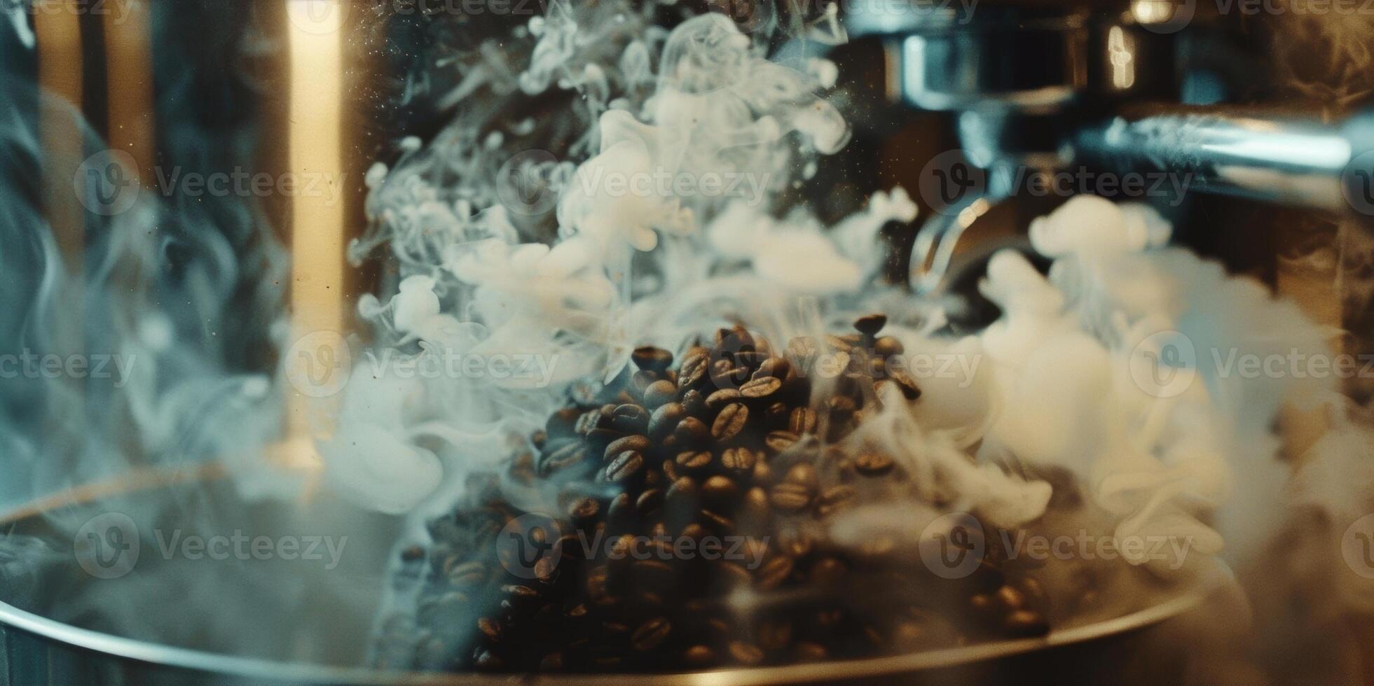 un' torrefazione macchina vomitando su un' nube di fragrante Fumo come esso trasforma crudo fagioli in ricco aromatico caffè foto