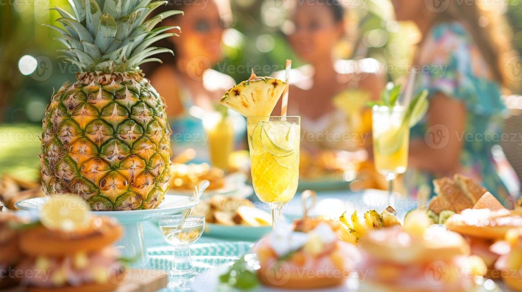 un' gruppo di amici avendo un' a tema ananas picnic completare con a forma di ananas panini ananas bevande e anche a forma di ananas biscotti per dolce foto