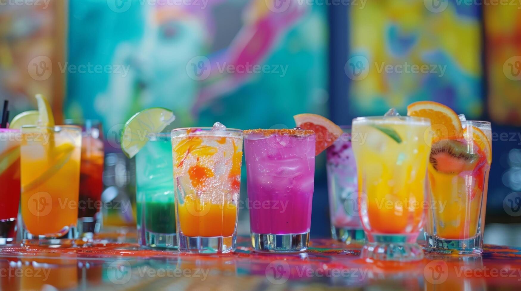 un' varietà di colorato cocktail analcolici adornare un' tavolo ogni uno che rappresentano un' diverso aspetto di il pittura essere insegnato nel il classe foto