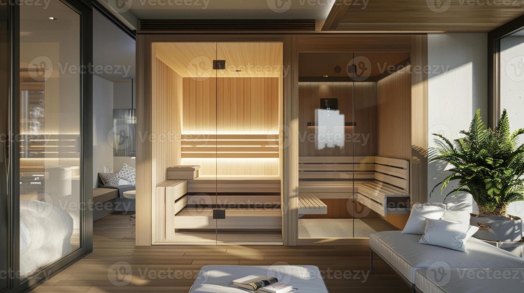 un' moderno torcere su un' tradizionale sauna con elegante Linee e innovativo tecnologia nel un urbano appartamento. foto