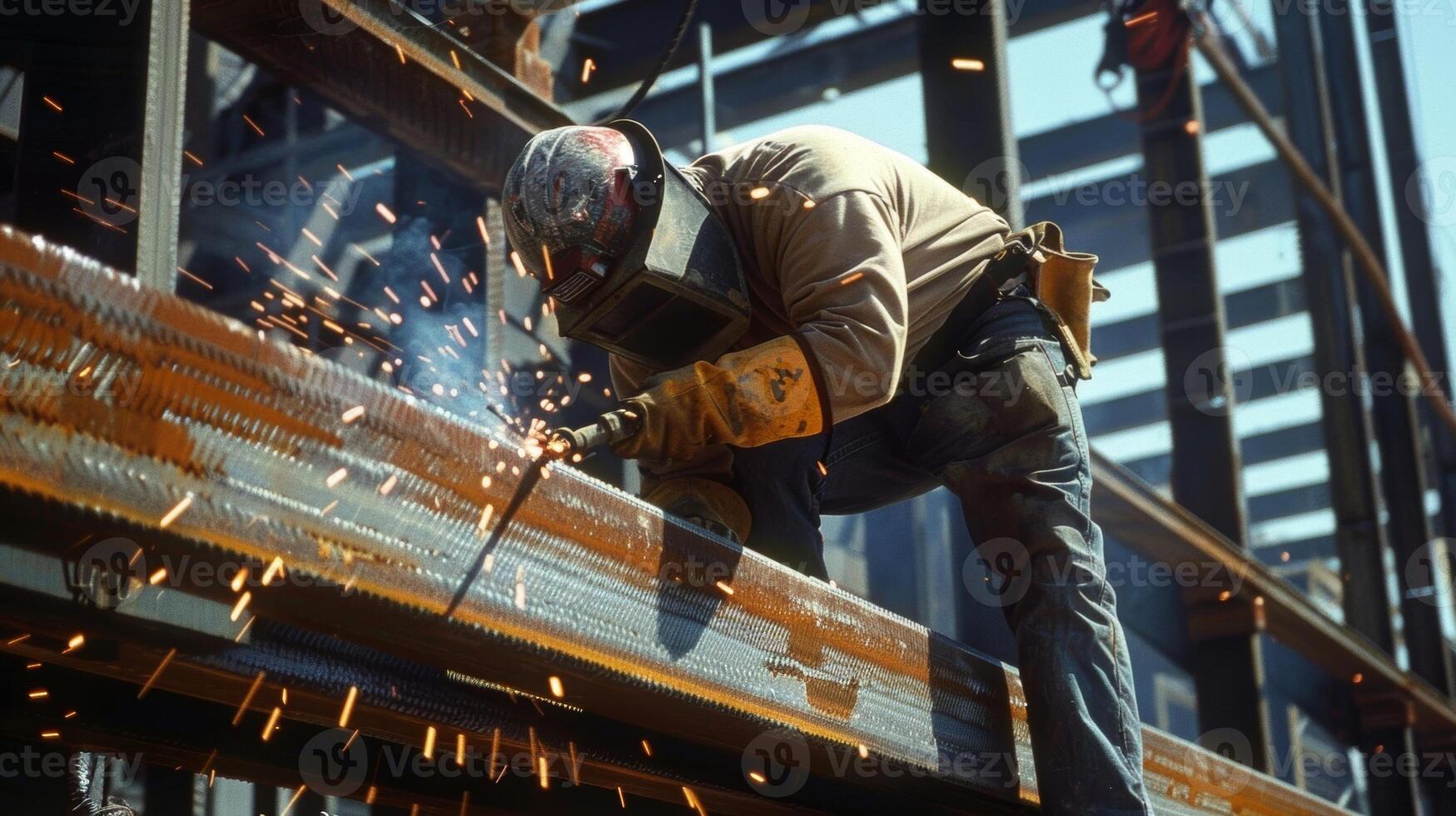 un' costruzione lavoratore abilmente manovre il saldatura torcia la creazione di un' senza soluzione di continuità saldare su un' grande acciaio fascio foto