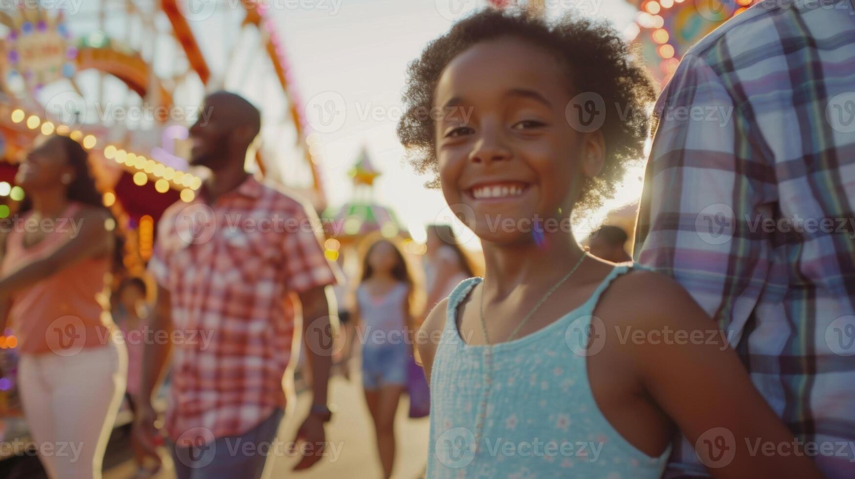 un' famiglia passeggiate attraverso il Festival assunzione nel tutti il viste e suoni e sorridente nel anticipazione di il divertimento attività e delizioso cibo quello attende loro foto