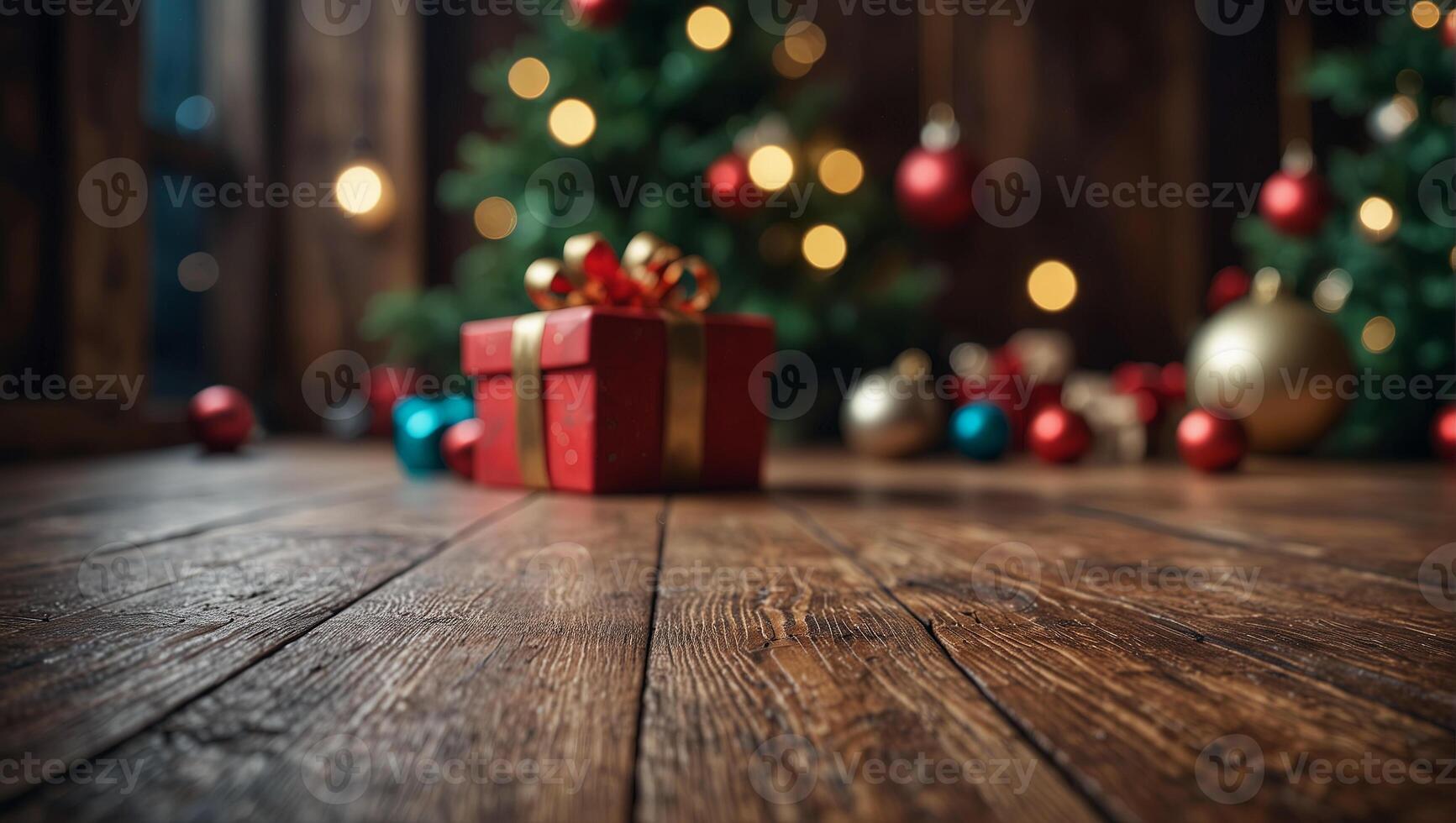 festivo sfocato sfondo con vuoto di legno superficie. regalo scatola, scintillante Natale albero. inverno celebrazione concetto. spazio per testo. per manifesto, saluto carta, pubblicità foto