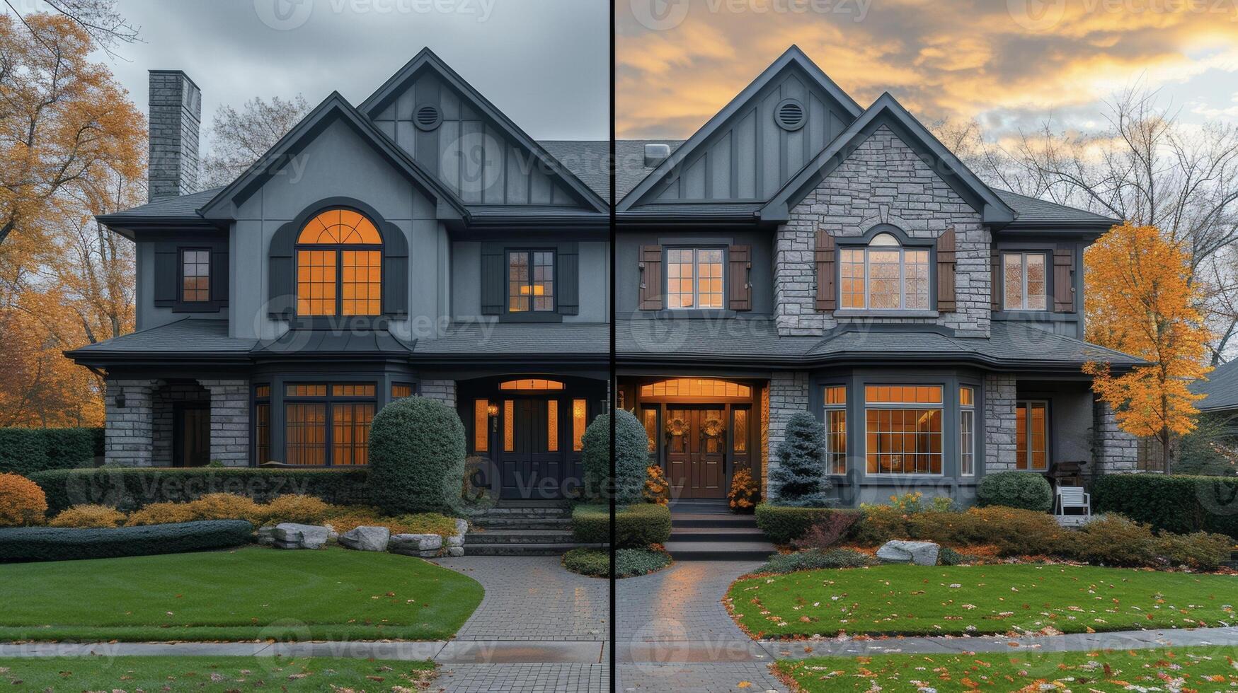 un' prima e dopo tiro di un' le case esterno con il sinistra lato mostrando tradizionale pannello singolo finestre e il giusto lato con moderno doppi vetri finestre. il didascalia leggere foto