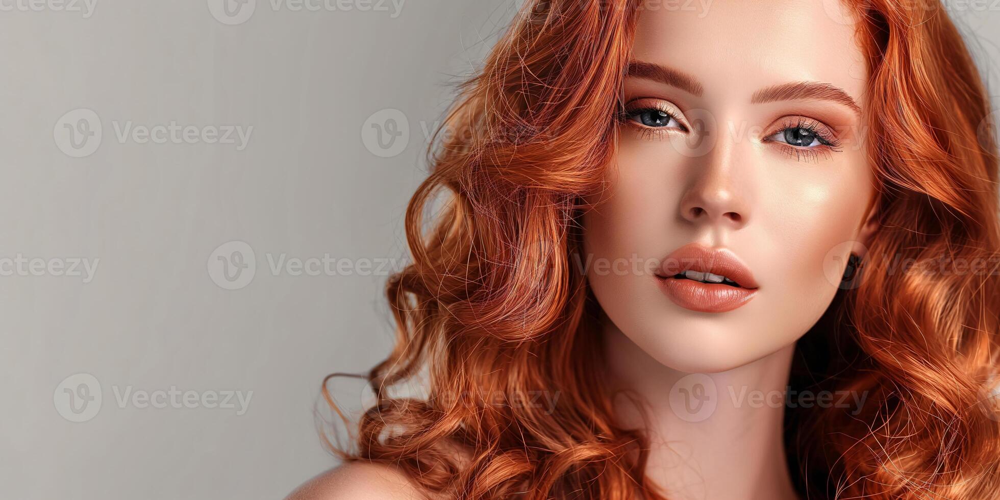 affascinante rosso dai capelli donna con voluttuoso riccioli e Impressionante blu occhi foto