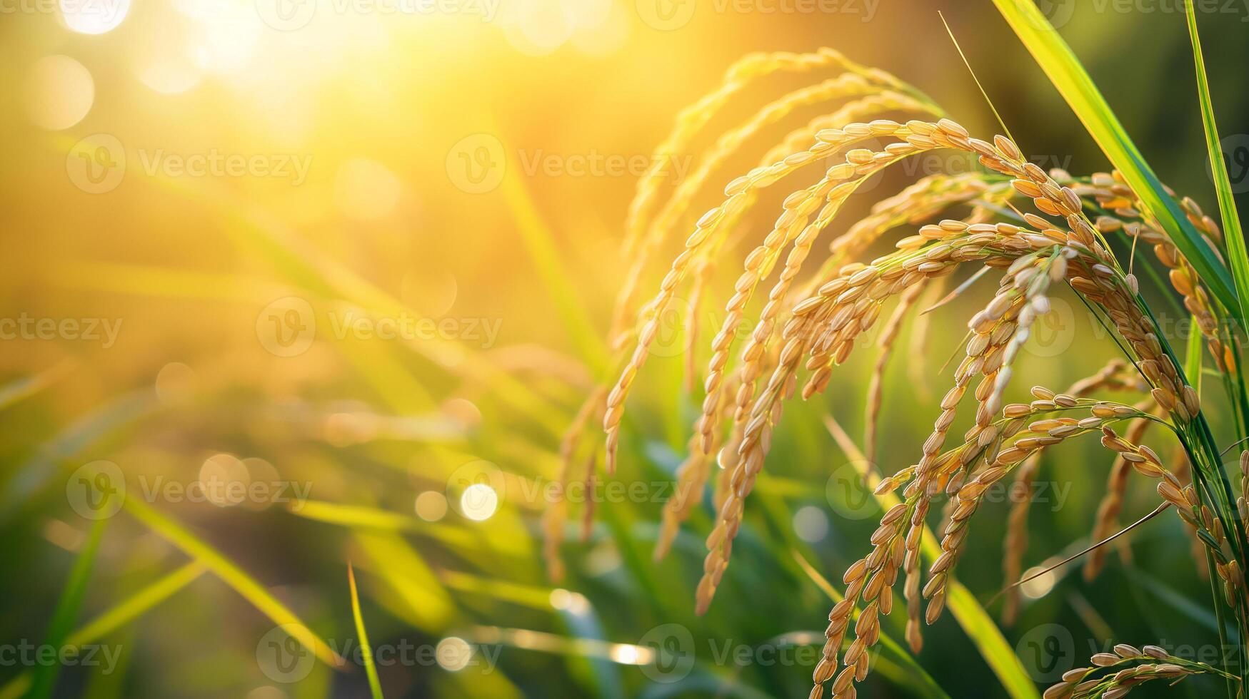 illuminato riso gambi a tramonto nel verdeggiante agricolo campo foto