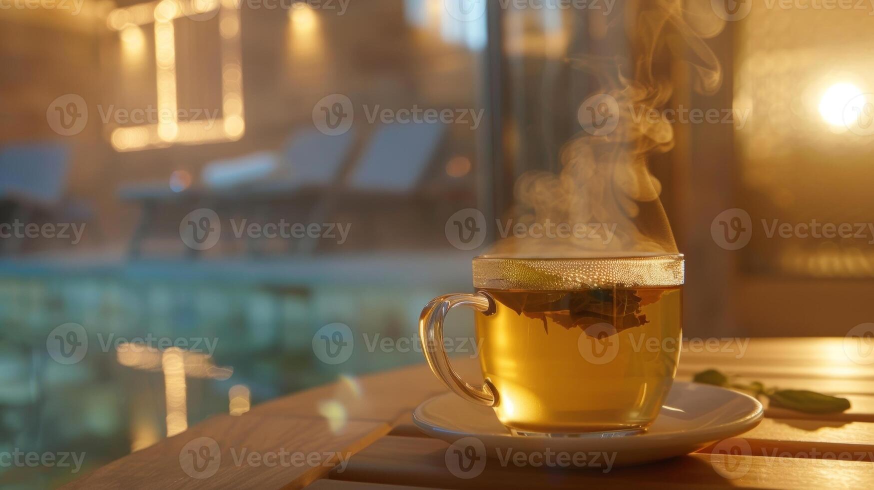 il vapore a partire dal il sauna miscele senza soluzione di continuità con il vapore a partire dal un' tazza di erbaceo tè come un' persona si distende e idrata dopo un' lungo giorno. foto