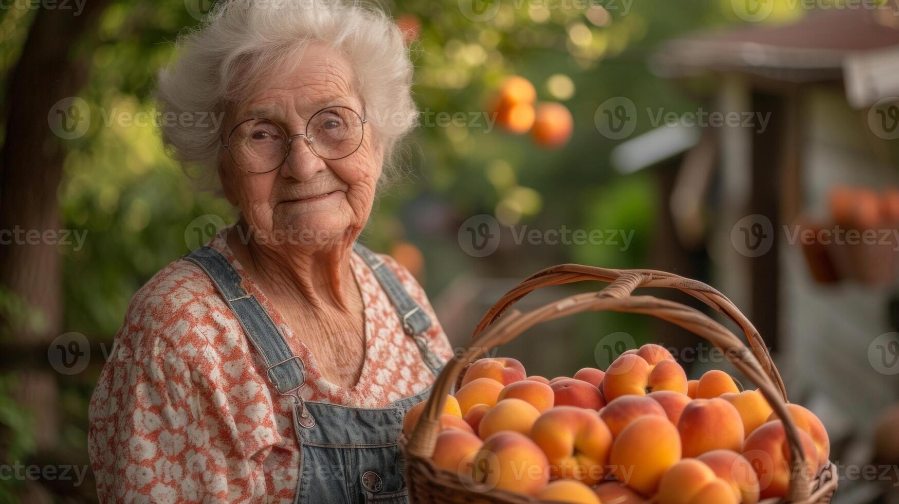 un' pensionato con orgoglio visualizzazione un' cestino di loro fatti in casa in scatola Pesche un' tradizione passato giù a partire dal generazioni nel loro famiglia foto